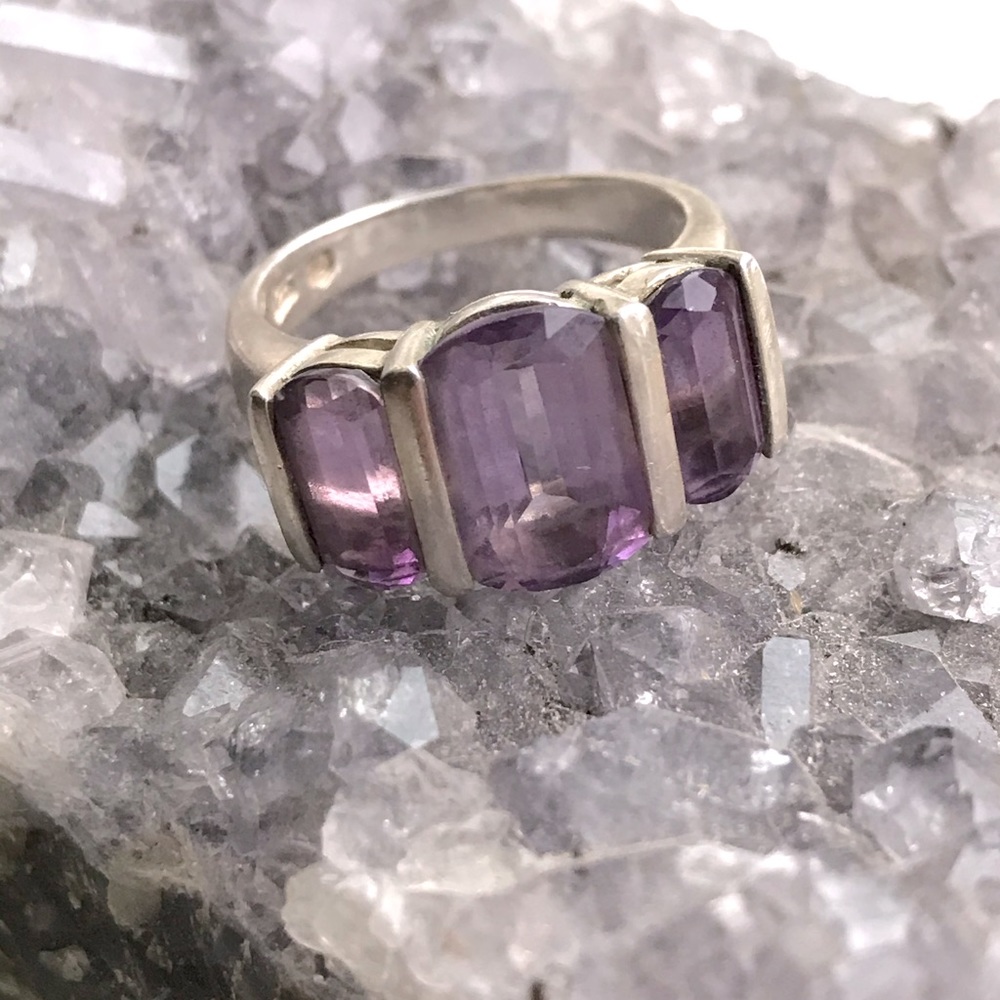 Sterling 3 stone amethyst ring
